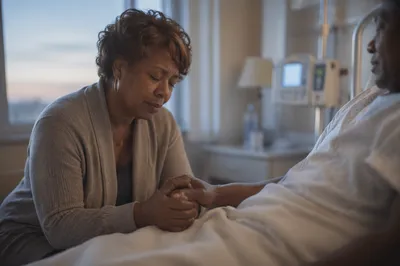 Woman Praying Beside Hospital Bed