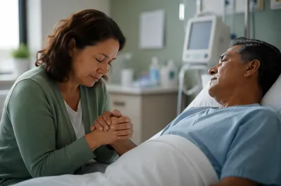 Woman Holding Patient Hand in Hospital