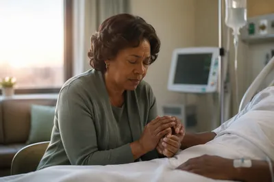 Woman Praying Beside Hospital Bed