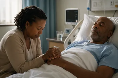 Woman Praying Beside Hospital Patient