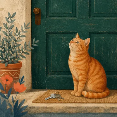 Housewarming Cat by Emerald Front Door