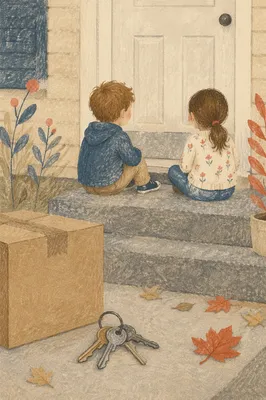 Children on New Home Doorstep with Keys