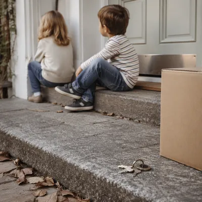 Children on New Home Doorstep with Keys