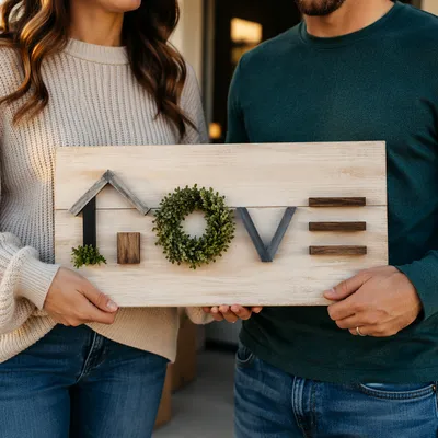Warm Housewarming Welcome Plaque at New Home
