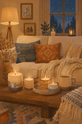 Cozy Hygge Living Room Candlelight Evening