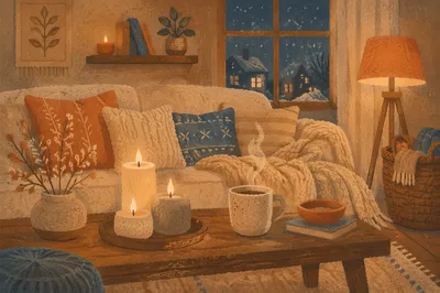 Cozy Hygge Living Room Candlelight Evening