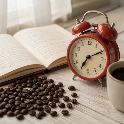 Quiet Morning Journal with Coffee and Clock