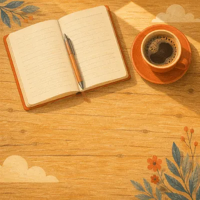 Overhead Morning Journal and Coffee Setup