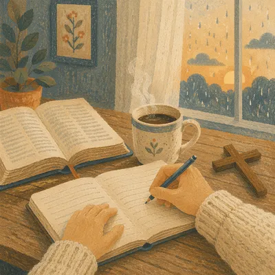 Hands Writing Beside Coffee at Dawn