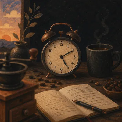 Quiet Morning Journaling with Coffee and Clock