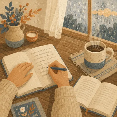 Morning Journal Writing with Coffee by Window