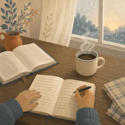 Quiet Morning Writing by Rainy Window