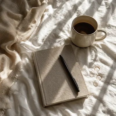 Morning Coffee and Notebook on White Bedding