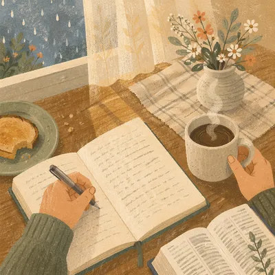 Hands Writing Beside Coffee at Dawn