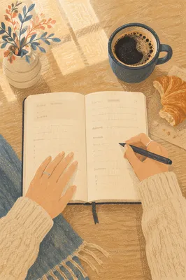 Morning Journaling with Coffee and Croissant