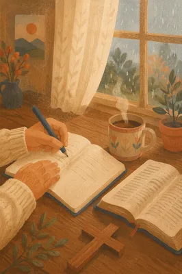 Hands Writing Beside Coffee at Dawn