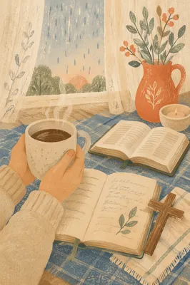 Hands Holding Coffee by Rainy Window