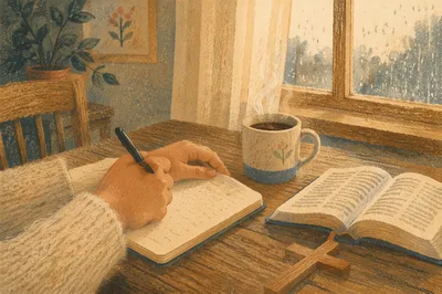 Hands Writing by Window with Coffee