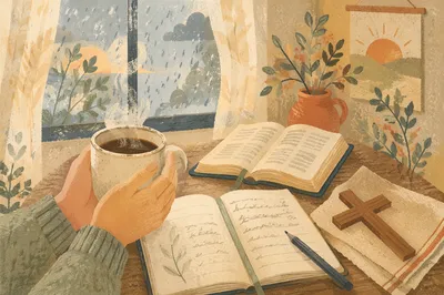 Hands Holding Coffee by Rainy Window
