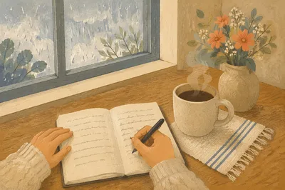 Quiet Morning Journaling with Coffee by Window