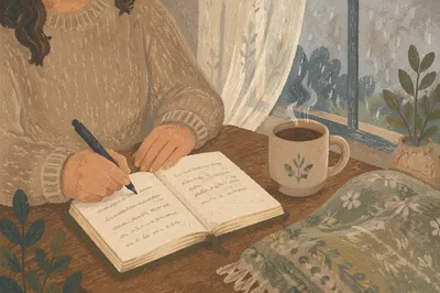 Quiet Morning Journaling with Coffee by Window