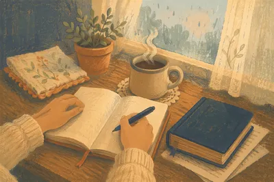 Hands Writing Journal Beside Morning Coffee