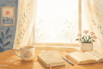 Quiet Morning Desk with Coffee and Notebook