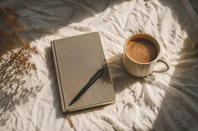 Quiet Morning Journal and Coffee on Bedding