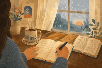 Quiet Morning Journaling by Rainy Window