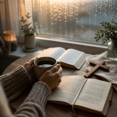 Hands Holding Coffee by Rainy Window