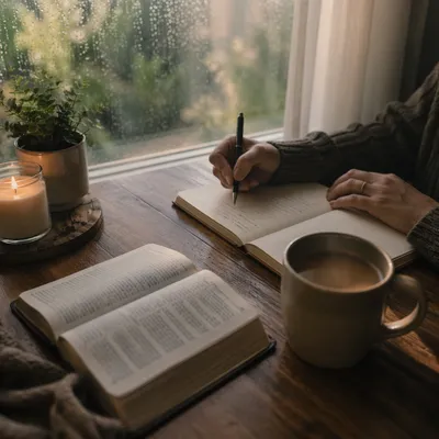 Morning Coffee Journaling by Rainy Window