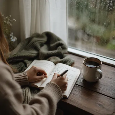 Quiet Morning Journaling with Coffee by Window