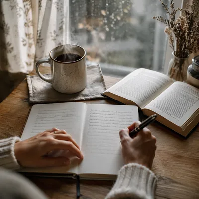 Morning Journal and Coffee by Window