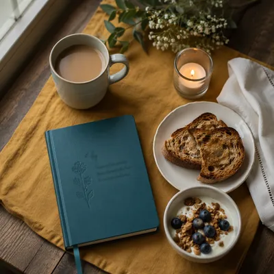 Cozy Morning Journal and Coffee Flat Lay