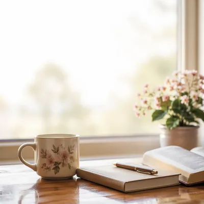Quiet Morning Desk with Coffee and Notebook