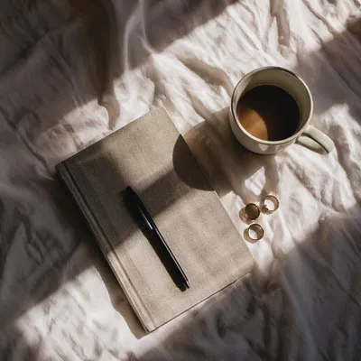 Morning Coffee and Notebook on Bedding