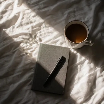 Journal and Coffee on White Bedding