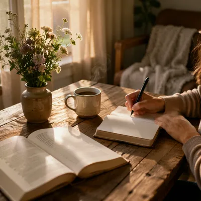 Morning Journal and Coffee by Window