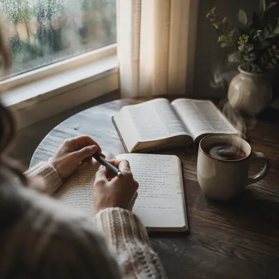 Morning Journal and Coffee by Window