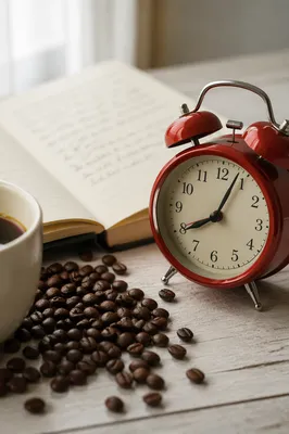 Quiet Morning Journaling with Coffee and Red Clock