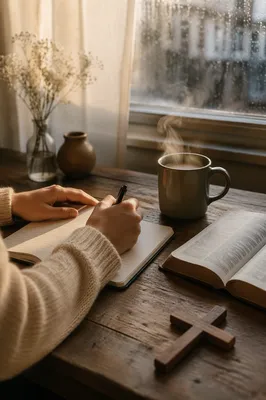 Hands Writing by Coffee and Window