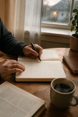Hands Writing in Journal With Coffee