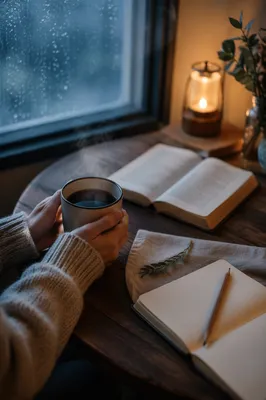 Hands Holding Coffee by Rainy Window