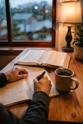 Hands Writing Beside Coffee at Dawn
