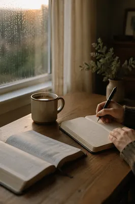 Morning Coffee Journaling by Rainy Window