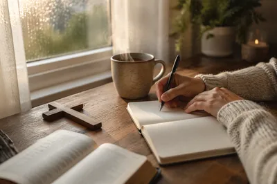 Hands Writing by Window with Coffee