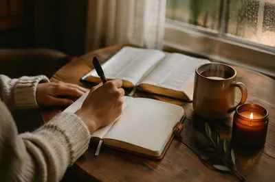 Hands Writing by Coffee at Dawn