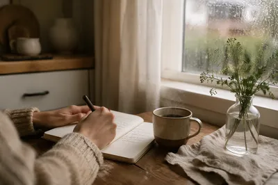 Quiet Morning Journaling with Coffee by Window