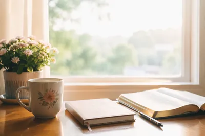 Quiet Morning Desk with Coffee and Notebook