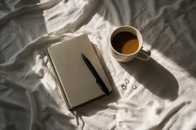 Morning Coffee and Journal on White Bedding